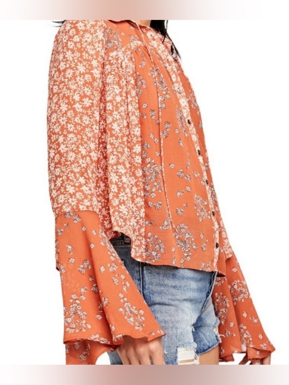 Free people Serena Floral Tie-Front Bell Sleeve Top - Rust - Picture 5 of 9